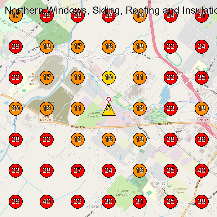 Northern Windows, Siding, Roofing and Insulation GeoGrid visibility map for Roofing Contractor in Middletown